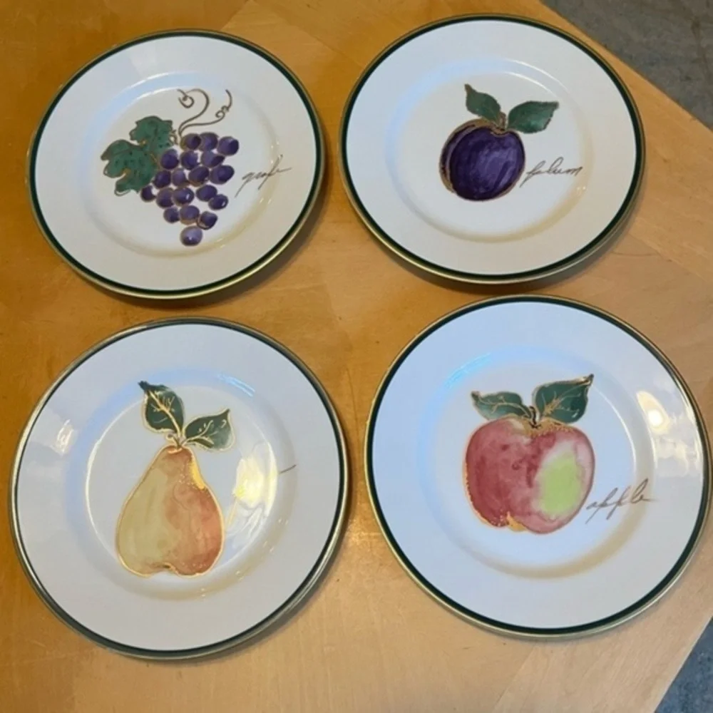 Crate & Barrel Fruit Plates 8” Set of Four, Apple, Pear, Plum, Grapes